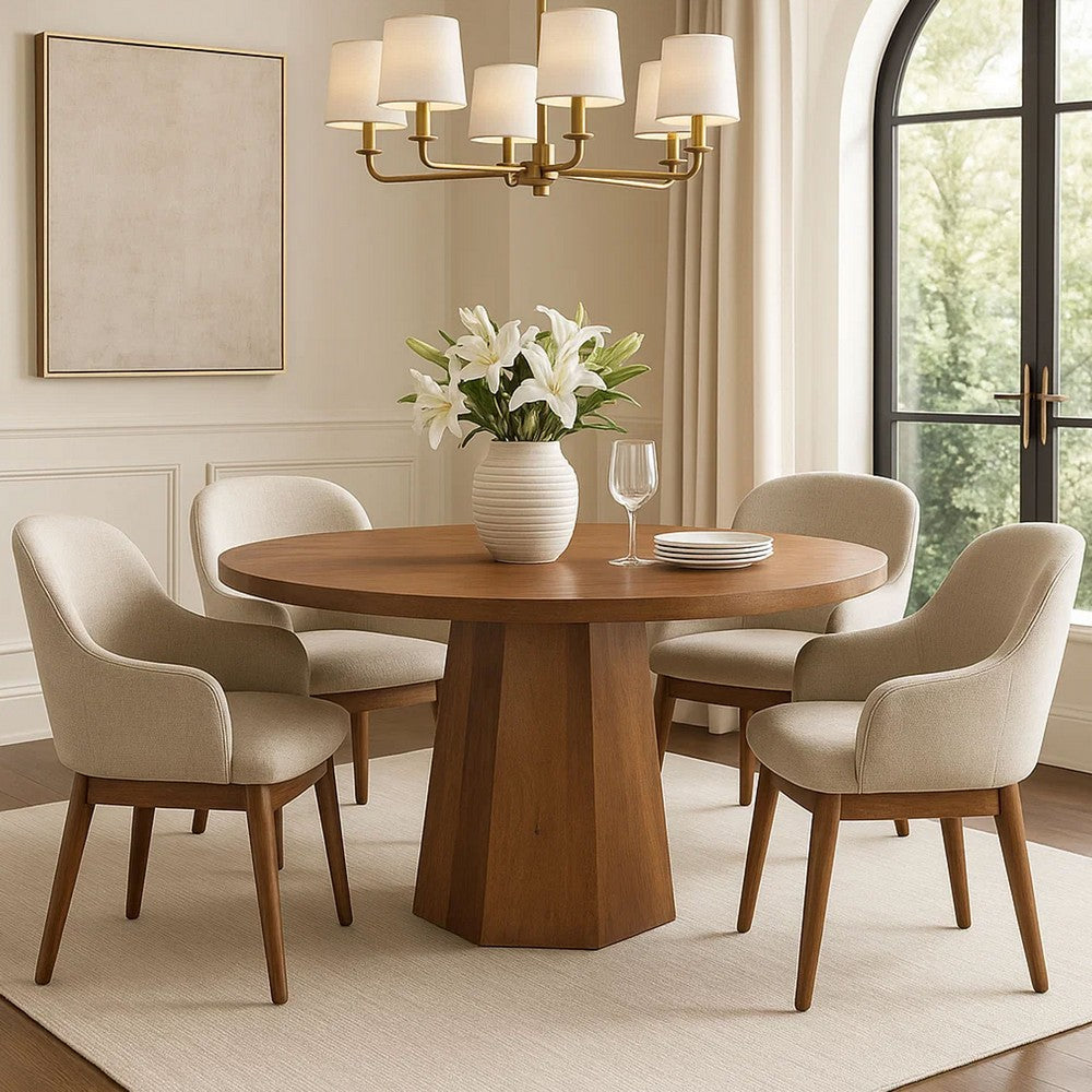 The Urban Port Koi Dining Table | 42" Round Top | Handmade Ambre Brown Mango Wood | Octagonal Pedestal Base