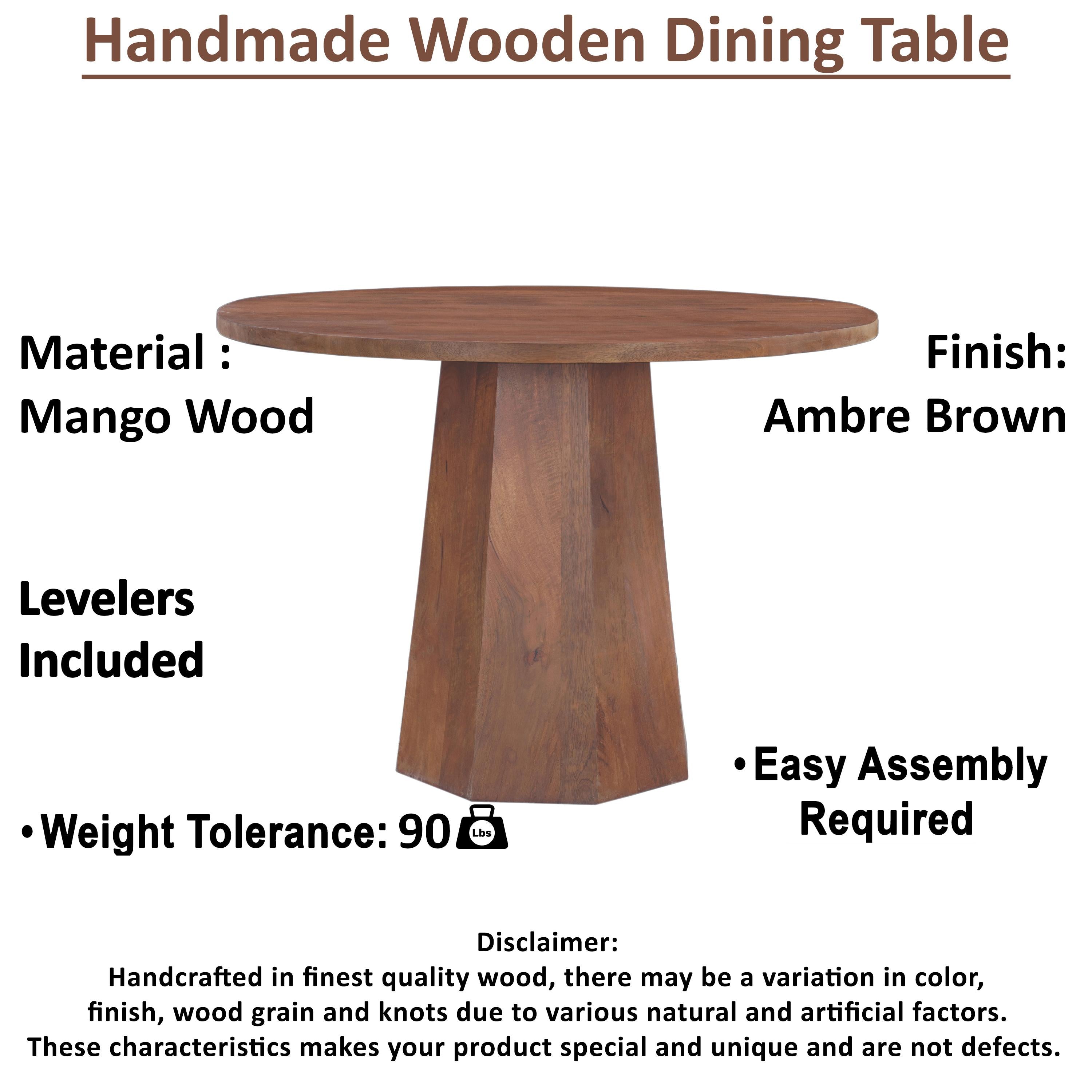 The Urban Port Koi Dining Table | 42" Round Top | Handmade Ambre Brown Mango Wood | Octagonal Pedestal Base