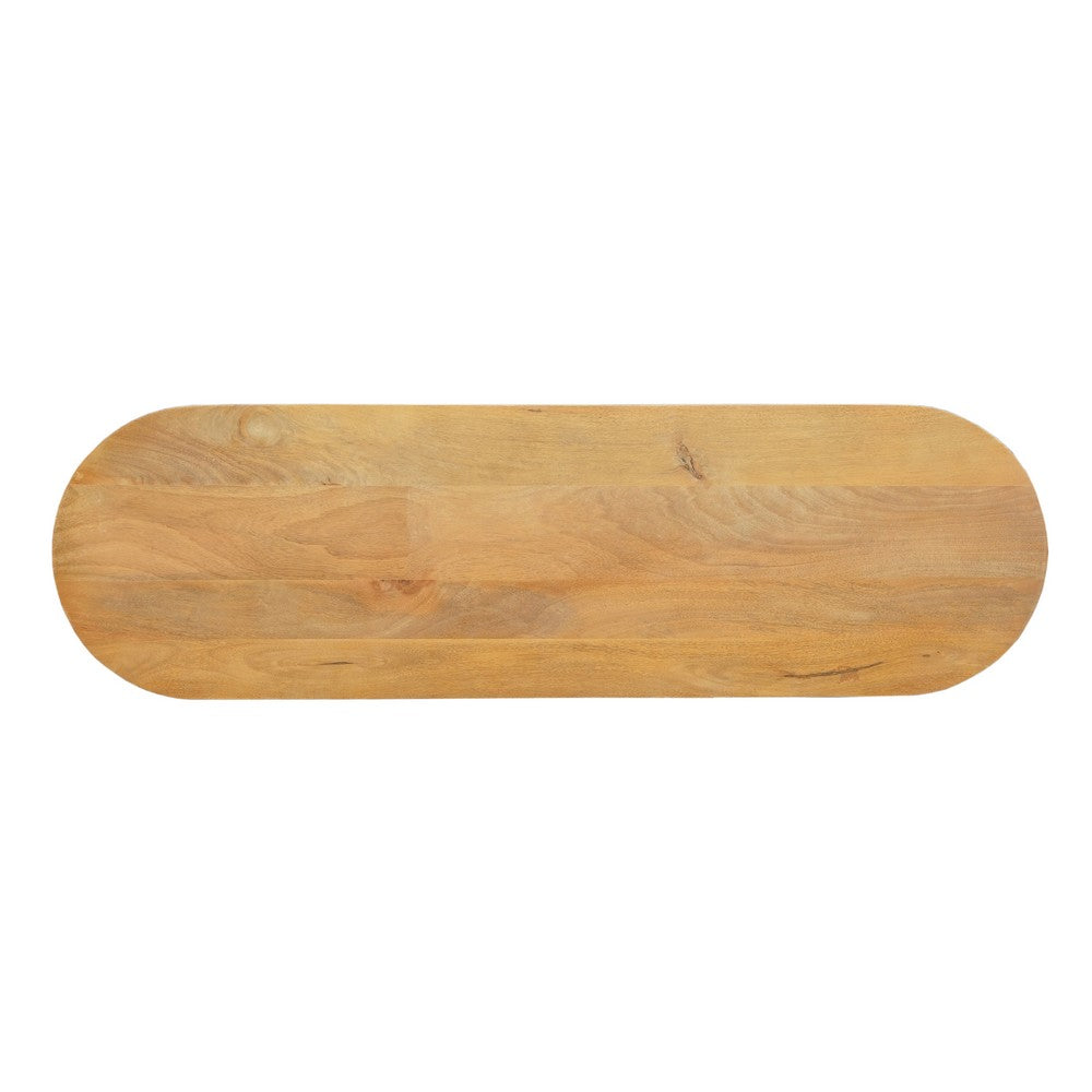 The Urban Port Cleo 54 Inch Sofa Console Table, Rounded Corners, Ribbed Pillar Legs, Oak Finish Mango Wood
