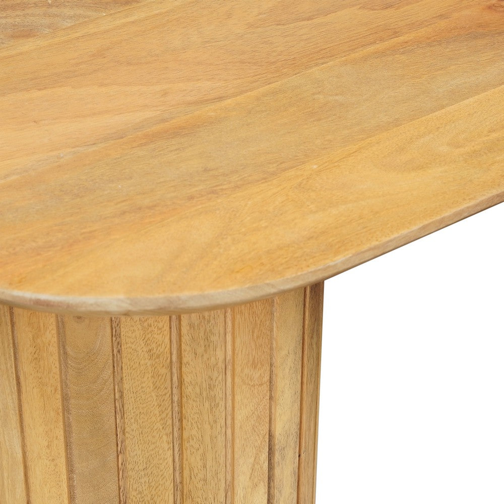 The Urban Port Cleo 54 Inch Sofa Console Table, Rounded Corners, Ribbed Pillar Legs, Oak Finish Mango Wood