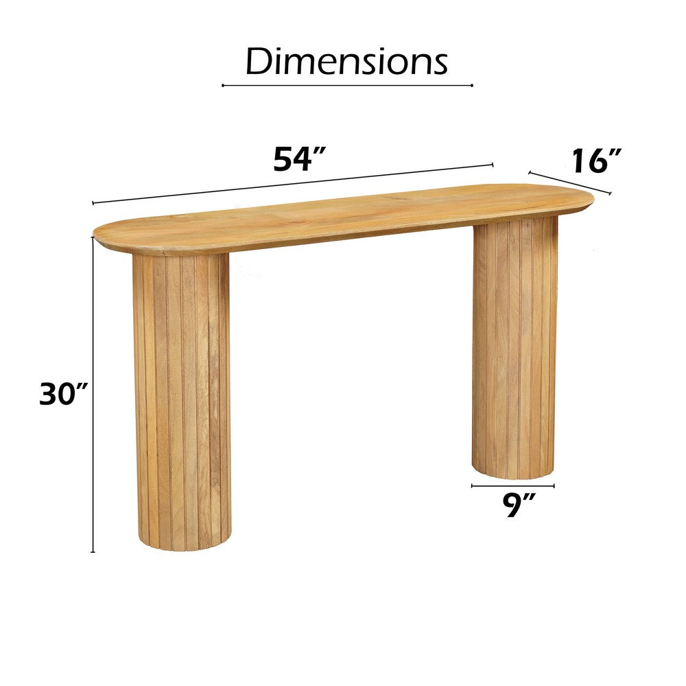 The Urban Port Cleo 54 Inch Sofa Console Table, Rounded Corners, Ribbed Pillar Legs, Oak Finish Mango Wood