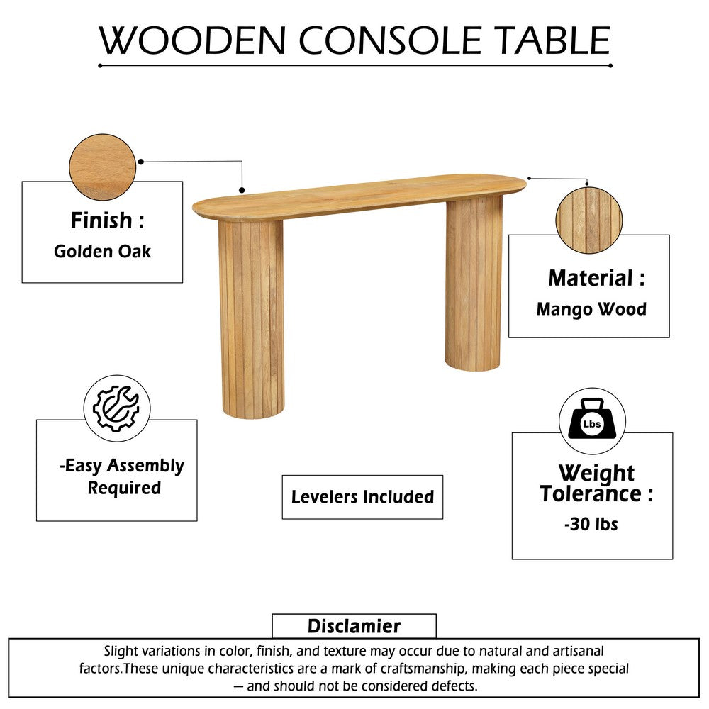 The Urban Port Cleo 54 Inch Sofa Console Table, Rounded Corners, Ribbed Pillar Legs, Oak Finish Mango Wood