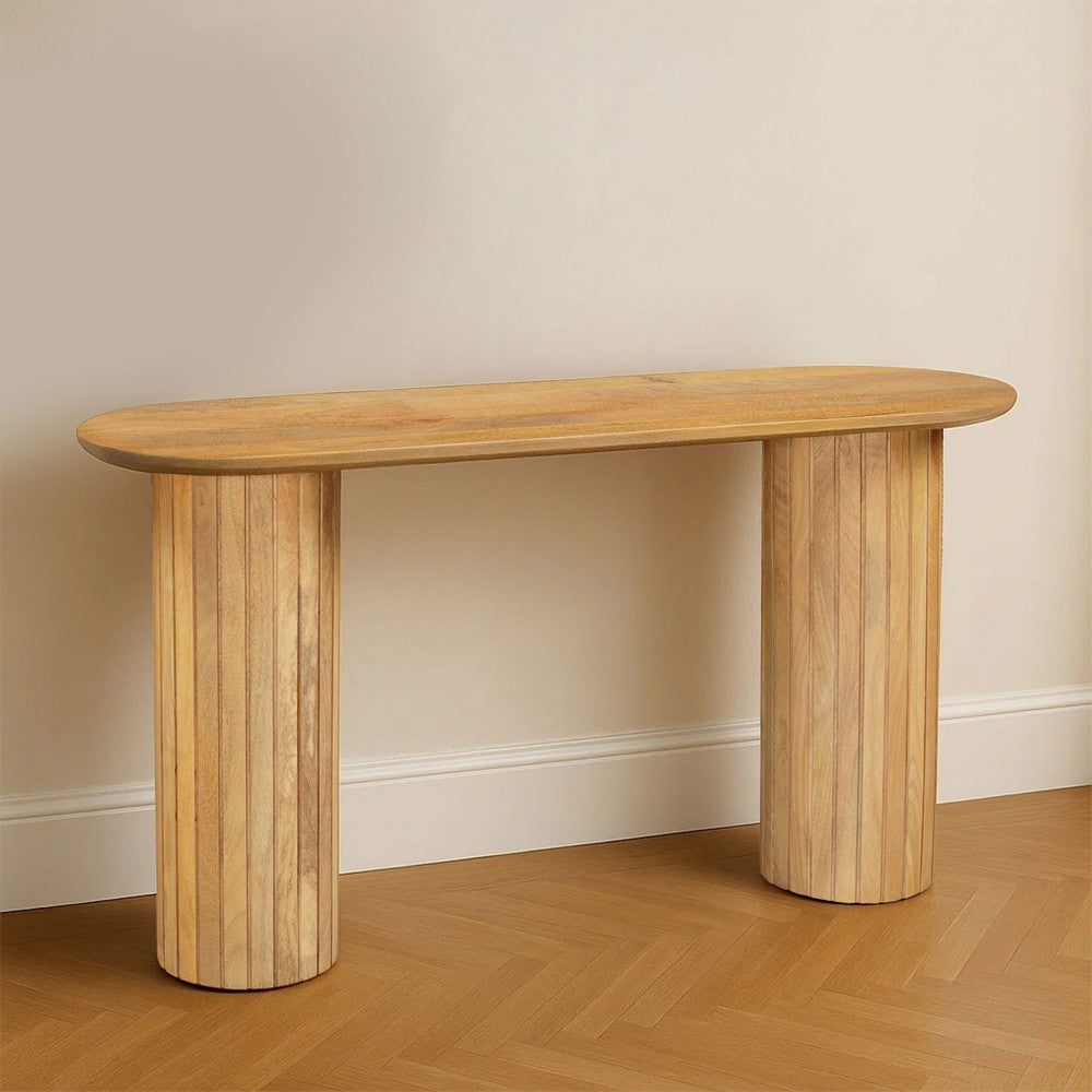 The Urban Port Cleo 54 Inch Sofa Console Table, Rounded Corners, Ribbed Pillar Legs, Oak Finish Mango Wood