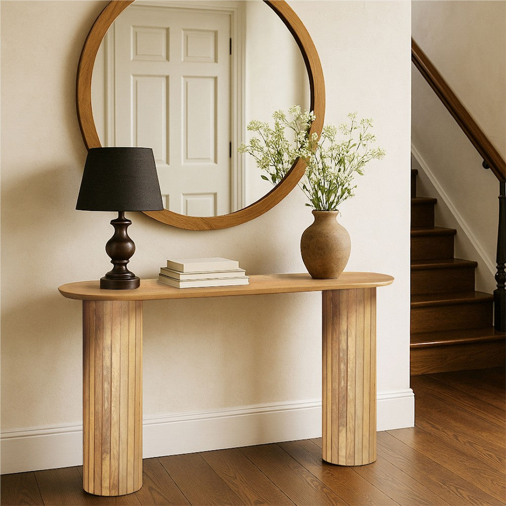 The Urban Port Cleo 54 Inch Sofa Console Table, Rounded Corners, Ribbed Pillar Legs, Oak Finish Mango Wood