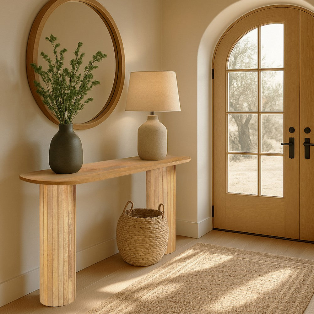 The Urban Port Cleo 54 Inch Sofa Console Table, Rounded Corners, Ribbed Pillar Legs, Oak Finish Mango Wood