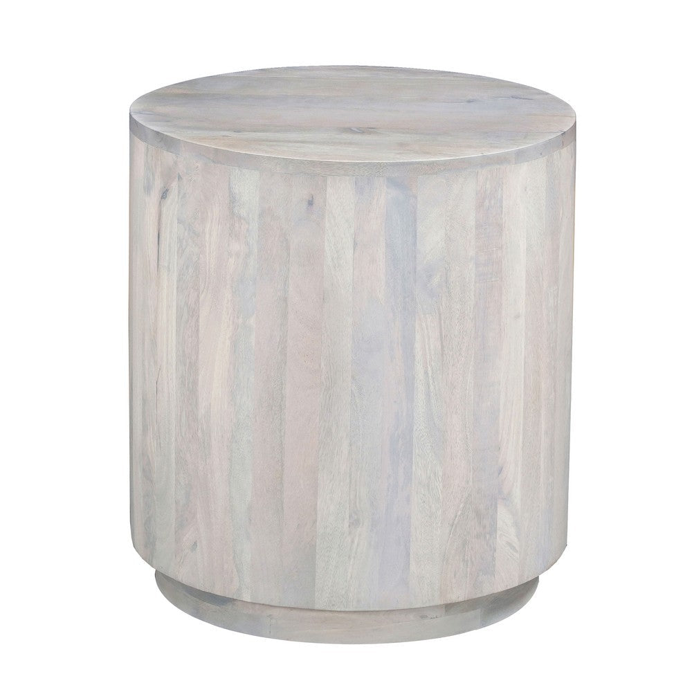 The Urban Port Febe Side End Accent Table, 20 Inch Round Top, Cylindrical Plinth Base, Oak White Mango Wood