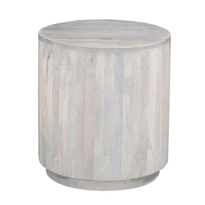 The Urban Port Febe Side End Accent Table, 20 Inch Round Top, Cylindrical Plinth Base, Oak White Mango Wood