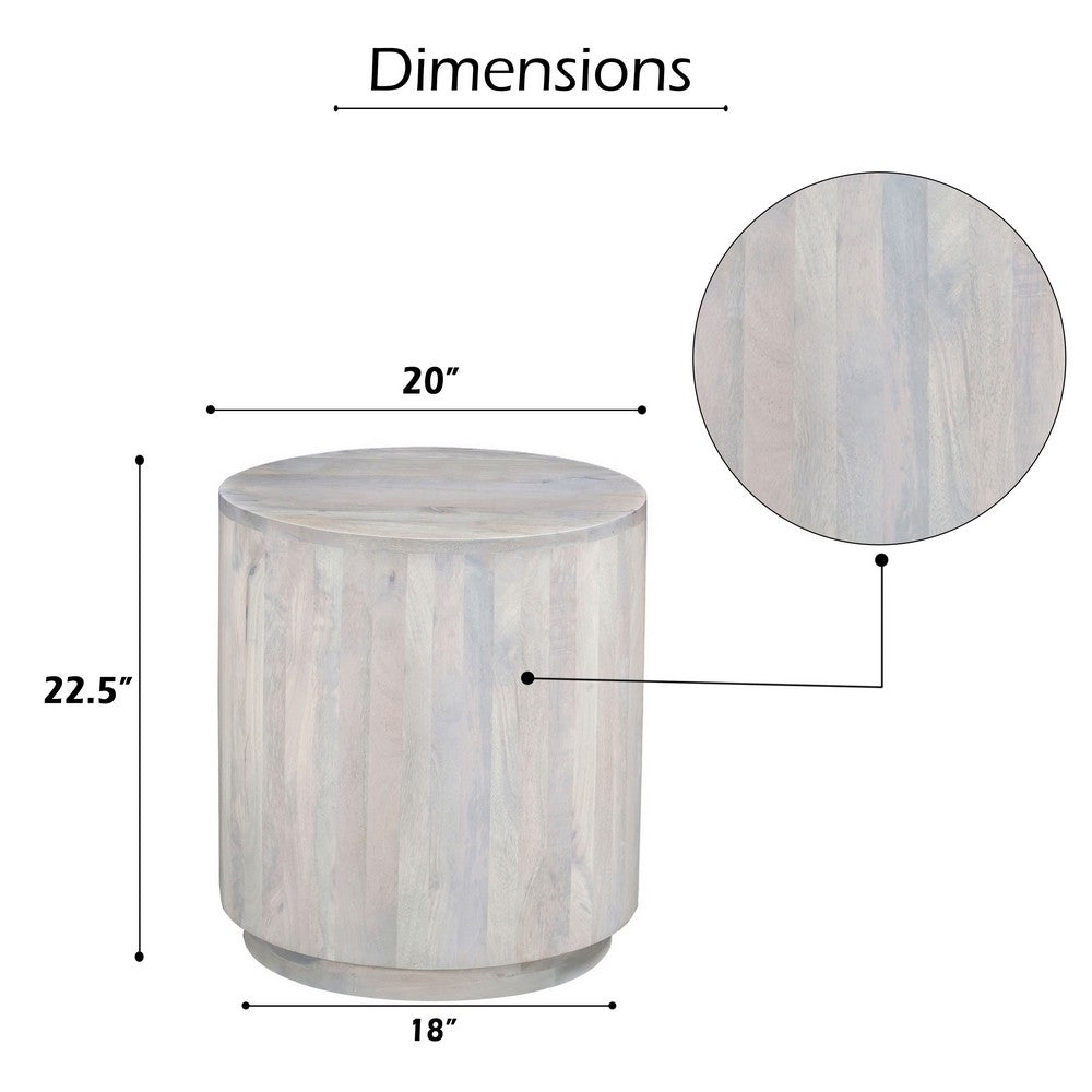 The Urban Port Febe Side End Accent Table, 20 Inch Round Top, Cylindrical Plinth Base, Oak White Mango Wood