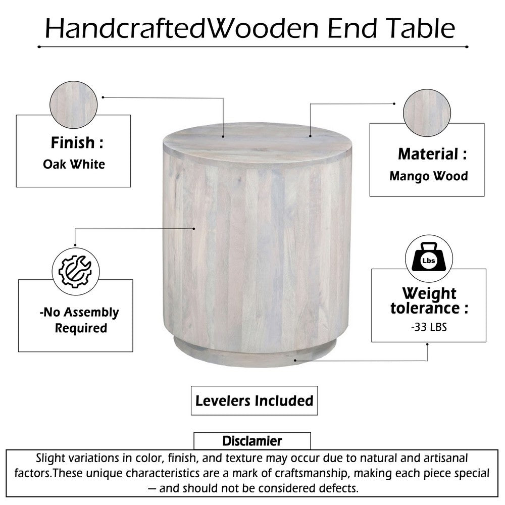 The Urban Port Febe Side End Accent Table, 20 Inch Round Top, Cylindrical Plinth Base, Oak White Mango Wood