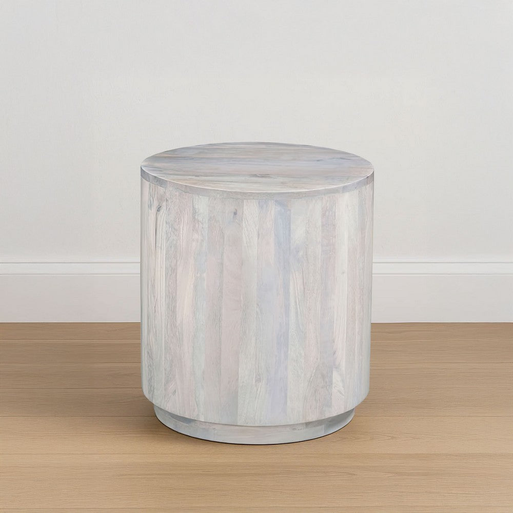 The Urban Port Febe Side End Accent Table, 20 Inch Round Top, Cylindrical Plinth Base, Oak White Mango Wood