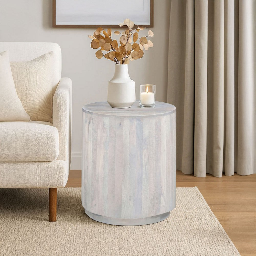 The Urban Port Febe Side End Accent Table, 20 Inch Round Top, Cylindrical Plinth Base, Oak White Mango Wood