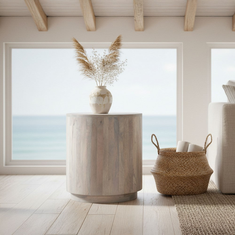 The Urban Port Febe Side End Accent Table, 20 Inch Round Top, Cylindrical Plinth Base, Oak White Mango Wood