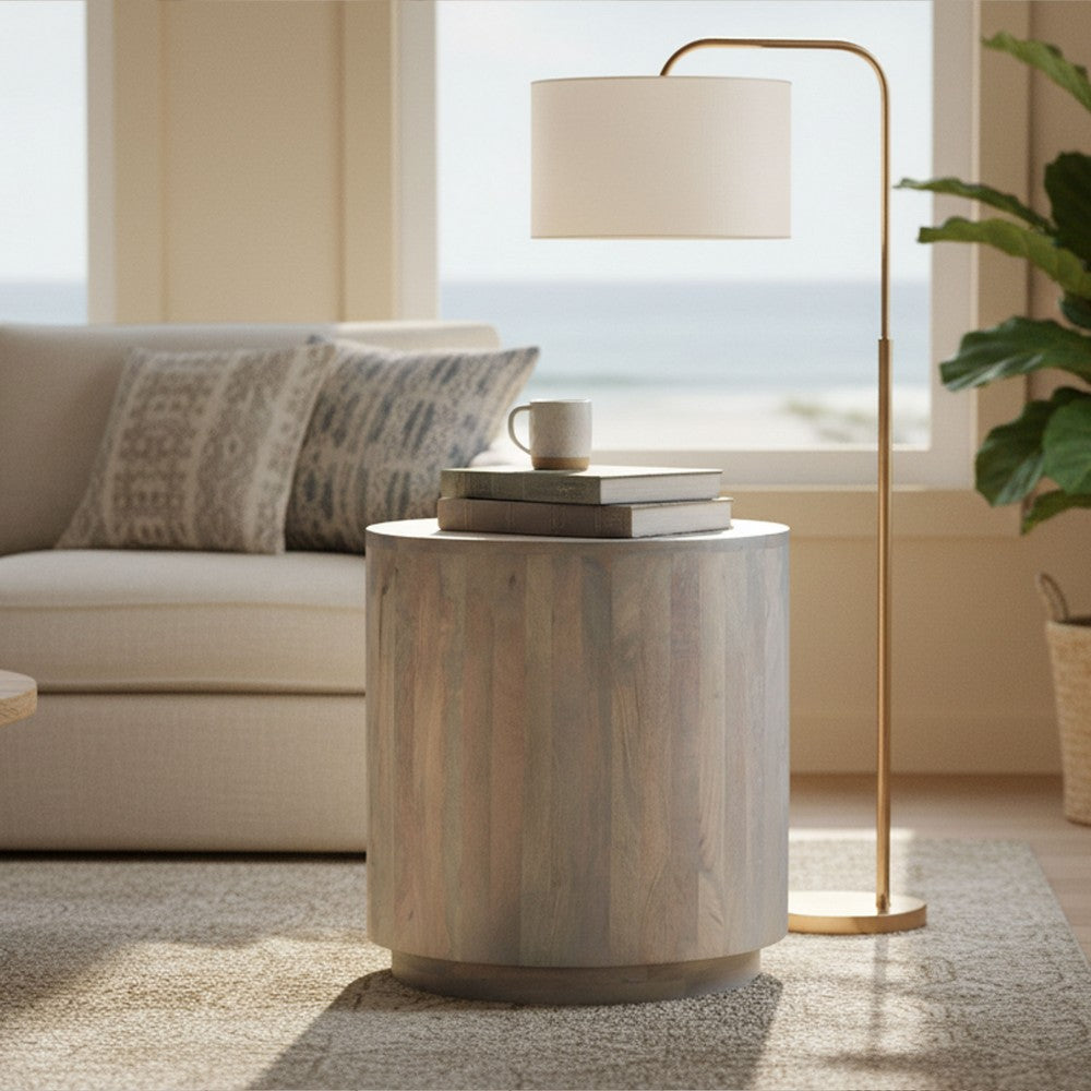 The Urban Port Febe Side End Accent Table, 20 Inch Round Top, Cylindrical Plinth Base, Oak White Mango Wood