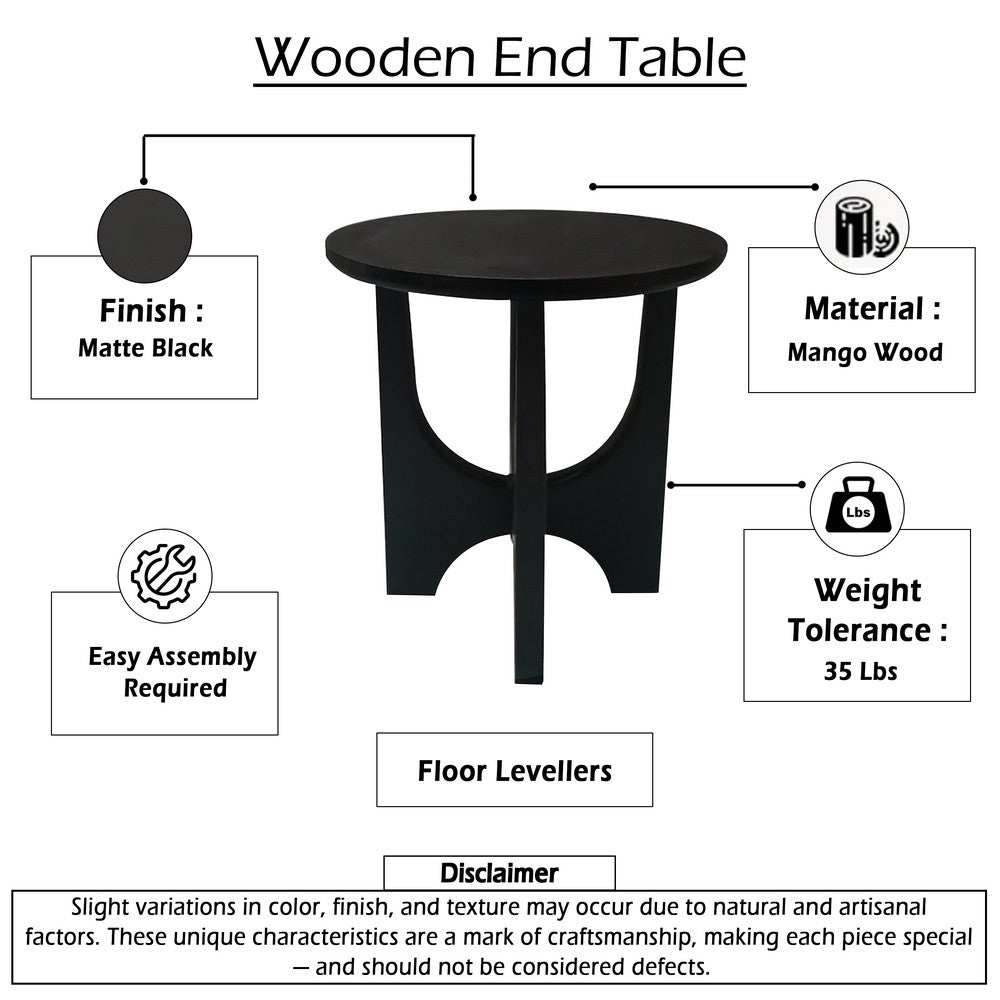 The Urban Port Sara Round Side End Table, 20 Inch Solid Mango Wood Top in Matte Black with Curved legs