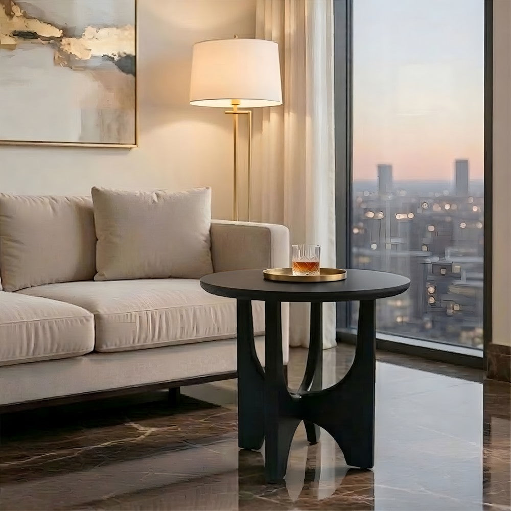 The Urban Port Sara Round Side End Table, 20 Inch Solid Mango Wood Top in Matte Black with Curved legs