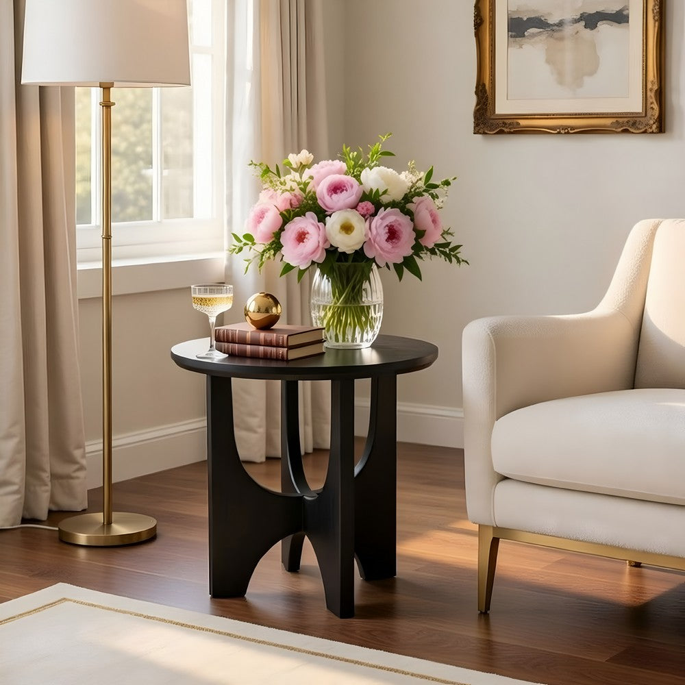 The Urban Port Sara Round Side End Table, 20 Inch Solid Mango Wood Top in Matte Black with Curved legs