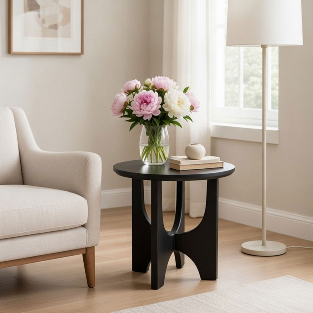 The Urban Port Sara Round Side End Table, 20 Inch Solid Mango Wood Top in Matte Black with Curved legs