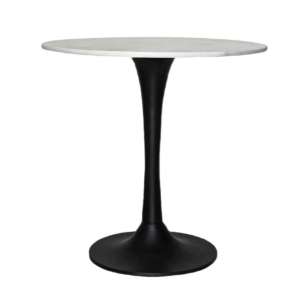 The Urban Port Mara Dining Table | 30 Inch Round White Genuine Marble Top | Black Metal Tulip Pedestal Base