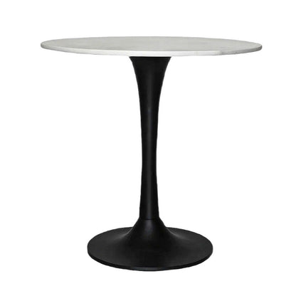 The Urban Port Mara Dining Table | 30 Inch Round White Genuine Marble Top | Black Metal Tulip Pedestal Base