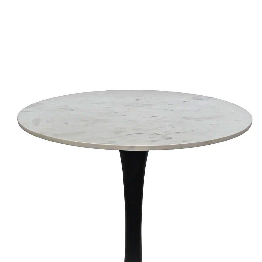The Urban Port Mara Dining Table | 30 Inch Round White Genuine Marble Top | Black Metal Tulip Pedestal Base