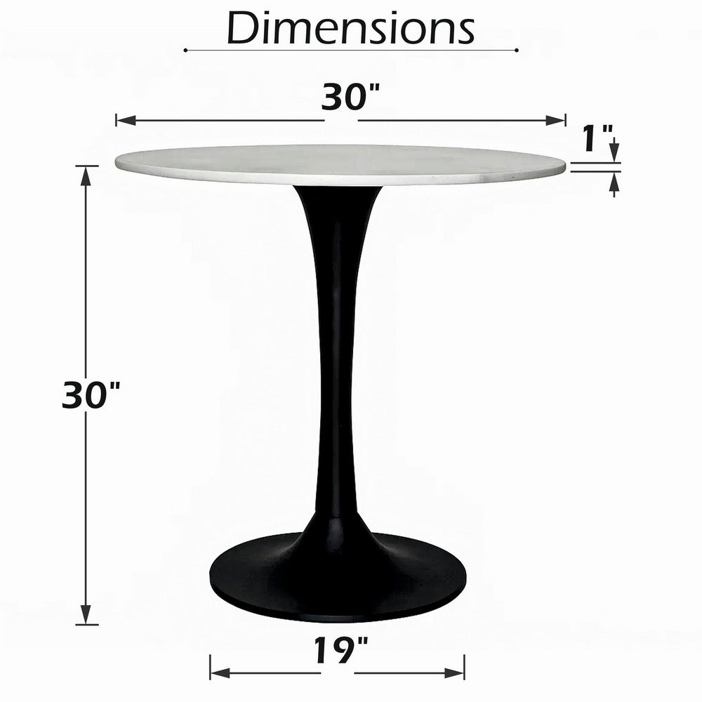 The Urban Port Mara Dining Table | 30 Inch Round White Genuine Marble Top | Black Metal Tulip Pedestal Base