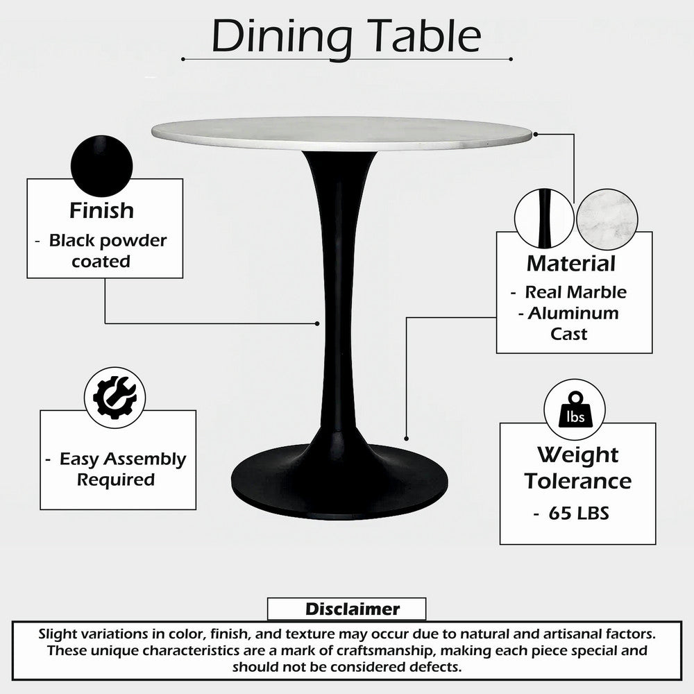 The Urban Port Mara Dining Table | 30 Inch Round White Genuine Marble Top | Black Metal Tulip Pedestal Base