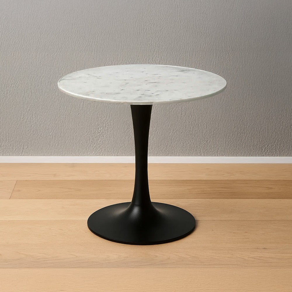 The Urban Port Mara Dining Table | 30 Inch Round White Genuine Marble Top | Black Metal Tulip Pedestal Base