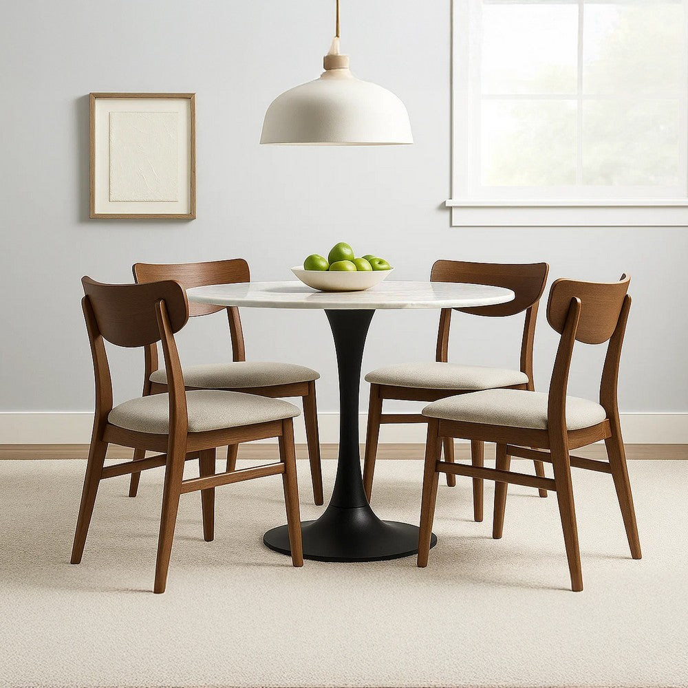 The Urban Port Mara Dining Table | 30 Inch Round White Genuine Marble Top | Black Metal Tulip Pedestal Base
