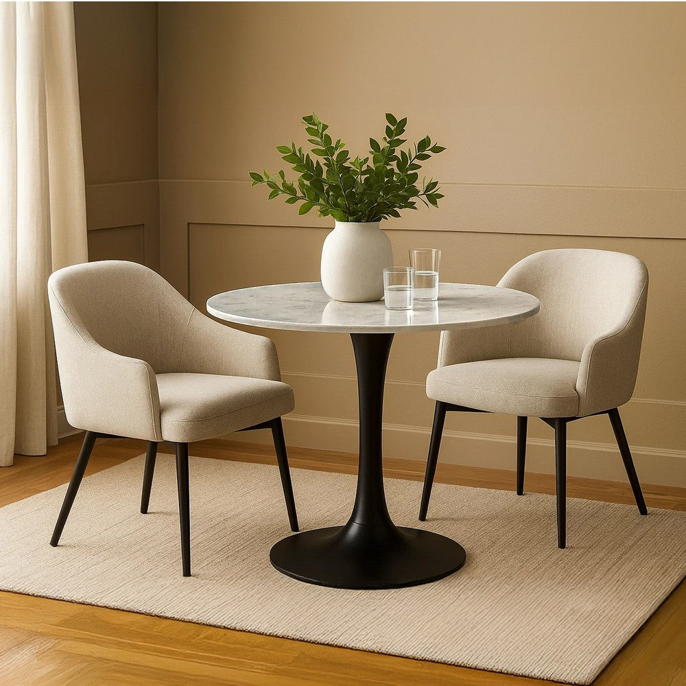 The Urban Port Mara Dining Table | 30 Inch Round White Genuine Marble Top | Black Metal Tulip Pedestal Base