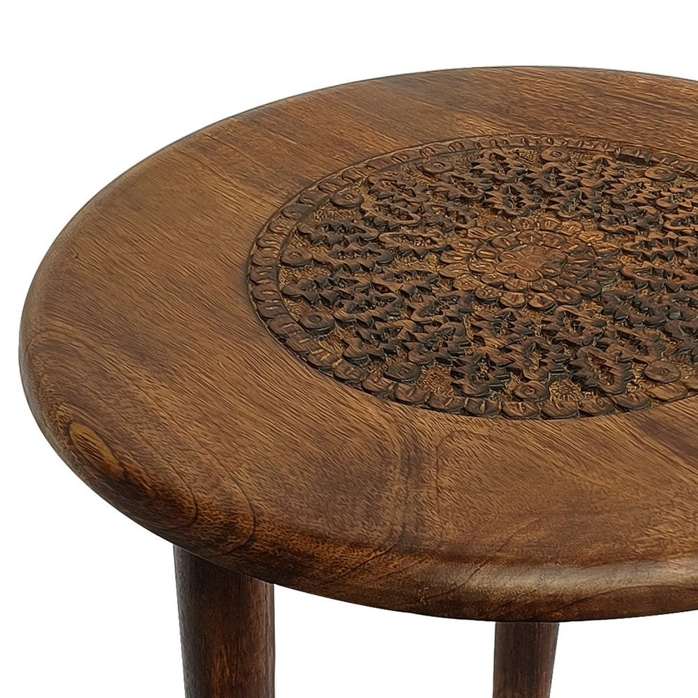 The Urban Port Ama 22 Inch Side End Table, Round Top, Indian Mandala Floral Carving, 3 Legs, Brown Mango Wood