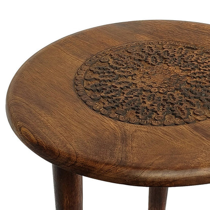 The Urban Port Ama 22 Inch Side End Table, Round Top, Indian Mandala Floral Carving, 3 Legs, Brown Mango Wood