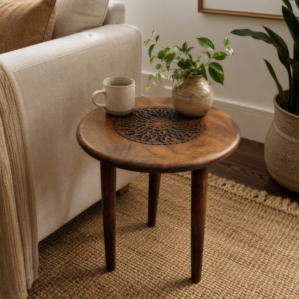 The Urban Port Ama 22 Inch Side End Table, Round Top, Indian Mandala Floral Carving, 3 Legs, Brown Mango Wood