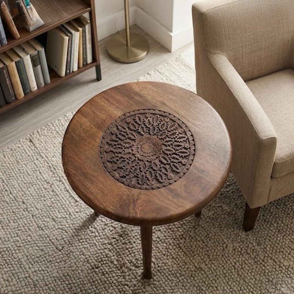 The Urban Port Ama 22 Inch Side End Table, Round Top, Indian Mandala Floral Carving, 3 Legs, Brown Mango Wood