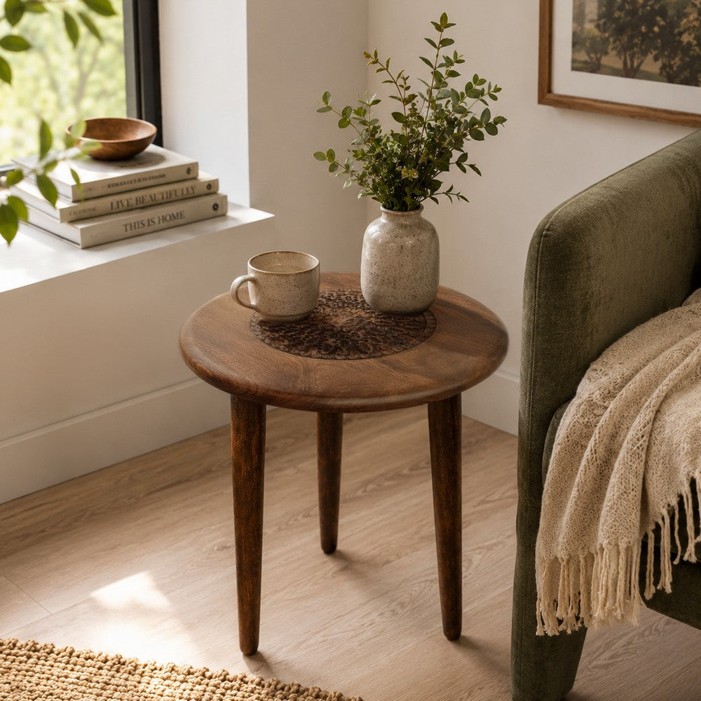 The Urban Port Ama 22 Inch Side End Table, Round Top, Indian Mandala Floral Carving, 3 Legs, Brown Mango Wood