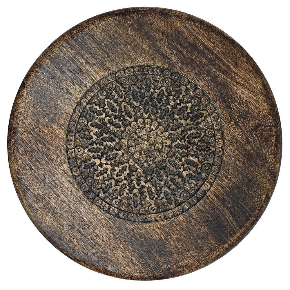 The Urban Port Ama 22 Inch Side End Table, Round Top, Indian Mandala Floral Carving, 3 Legs, Brown Mango Wood