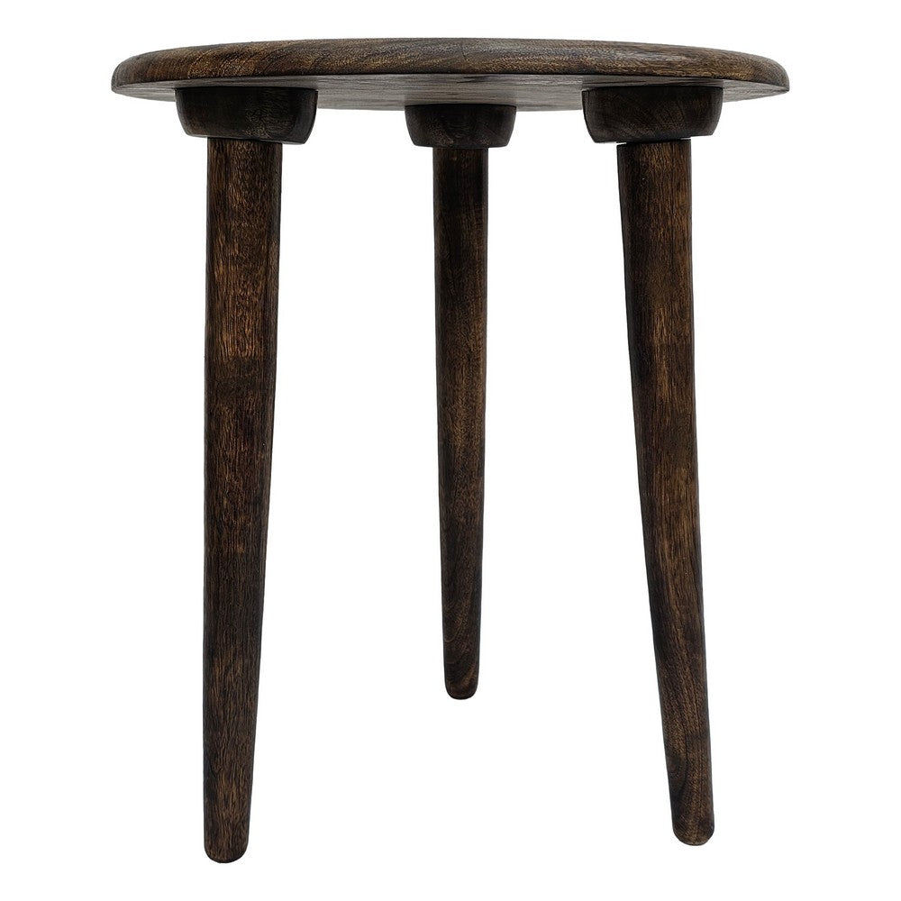 The Urban Port Ama 22 Inch Side End Table, Round Top, Indian Mandala Floral Carving, 3 Legs, Brown Mango Wood