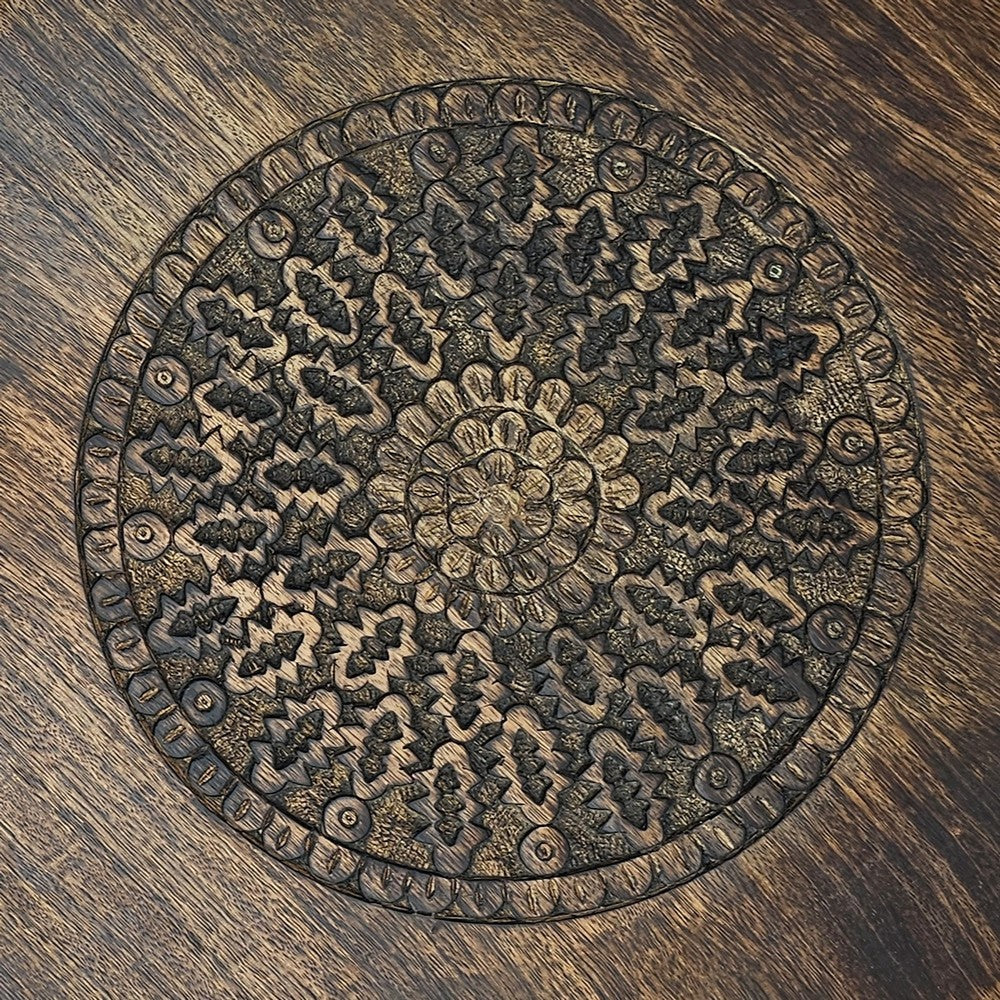 The Urban Port Ama 22 Inch Side End Table, Round Top, Indian Mandala Floral Carving, 3 Legs, Brown Mango Wood