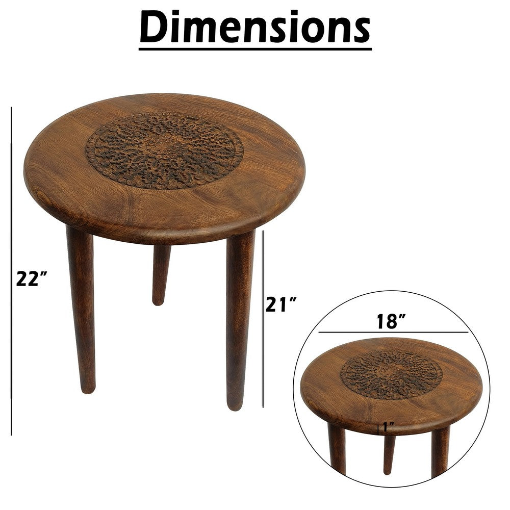 The Urban Port Ama 22 Inch Side End Table, Round Top, Indian Mandala Floral Carving, 3 Legs, Brown Mango Wood