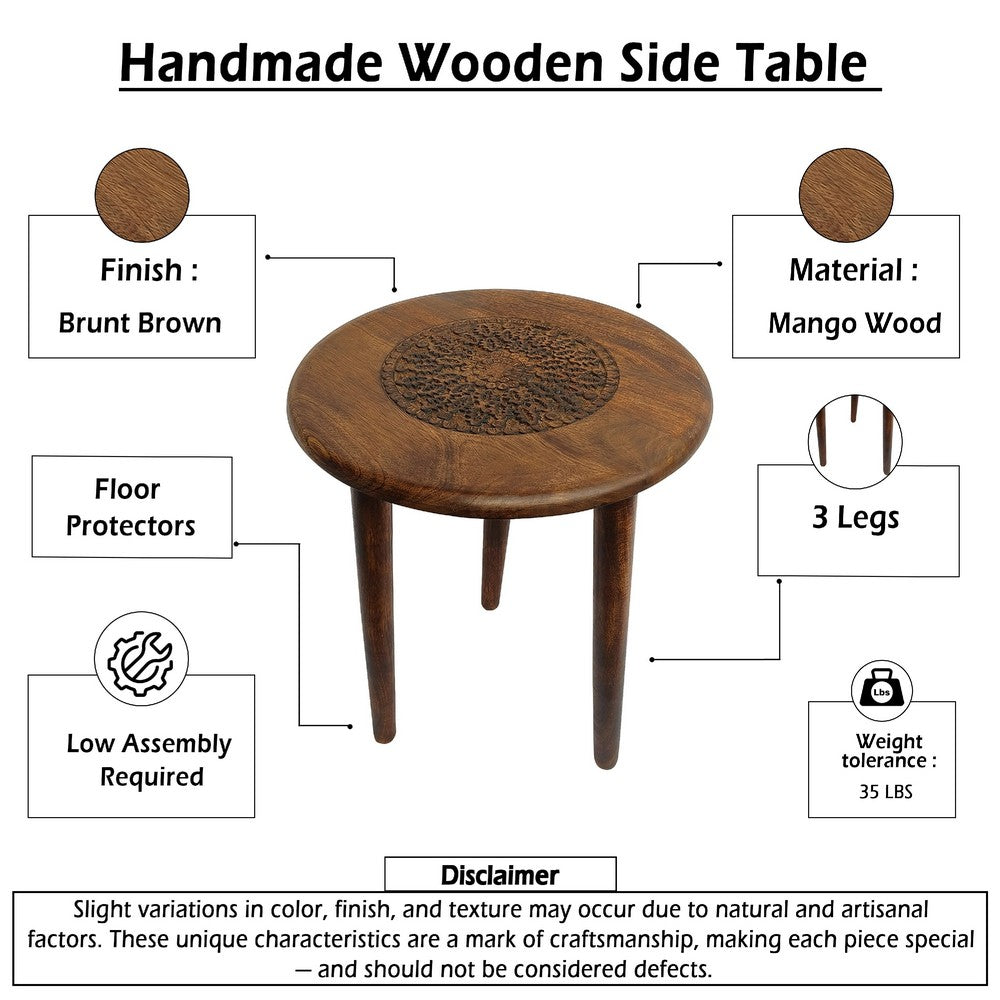 The Urban Port Ama 22 Inch Side End Table, Round Top, Indian Mandala Floral Carving, 3 Legs, Brown Mango Wood