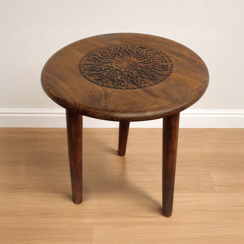 The Urban Port Ama 22 Inch Side End Table, Round Top, Indian Mandala Floral Carving, 3 Legs, Brown Mango Wood