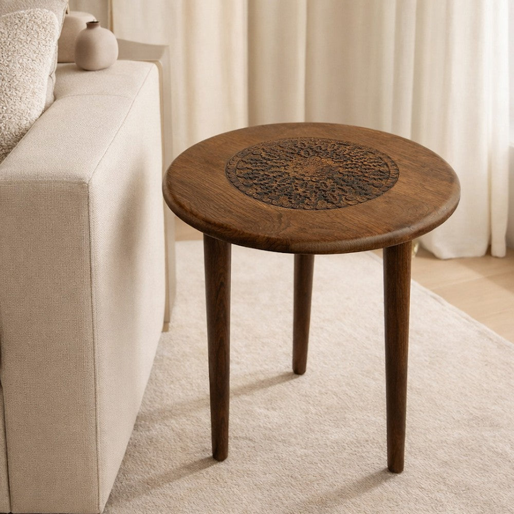 The Urban Port Ama 22 Inch Side End Table, Round Top, Indian Mandala Floral Carving, 3 Legs, Brown Mango Wood