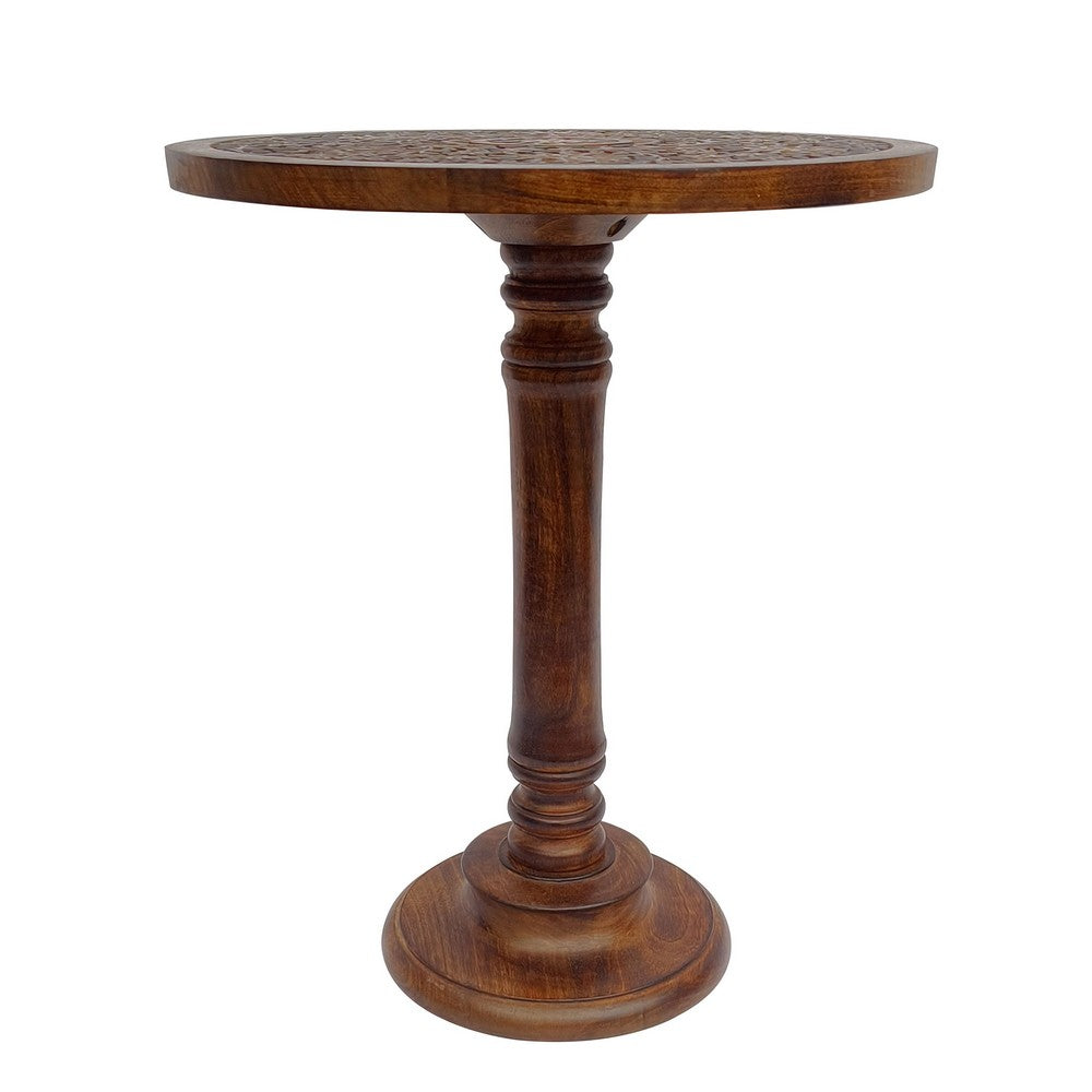 The Urban Port Ari 22 Inch Side End Table, Round Top, Hand Carved Indian Mandala Boho Accent, Brown Mango Wood