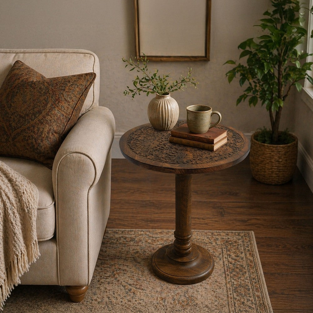The Urban Port Ari 22 Inch Side End Table, Round Top, Hand Carved Indian Mandala Boho Accent, Brown Mango Wood