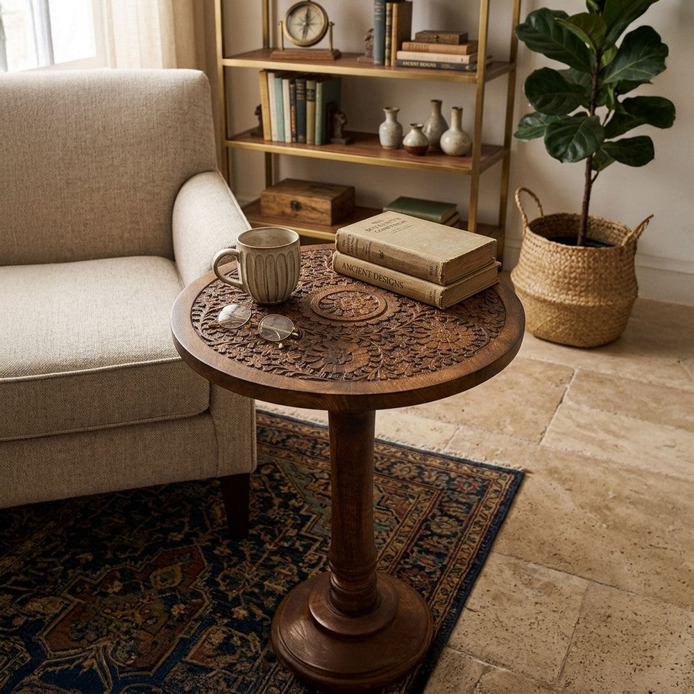 The Urban Port Ari 22 Inch Side End Table, Round Top, Hand Carved Indian Mandala Boho Accent, Brown Mango Wood