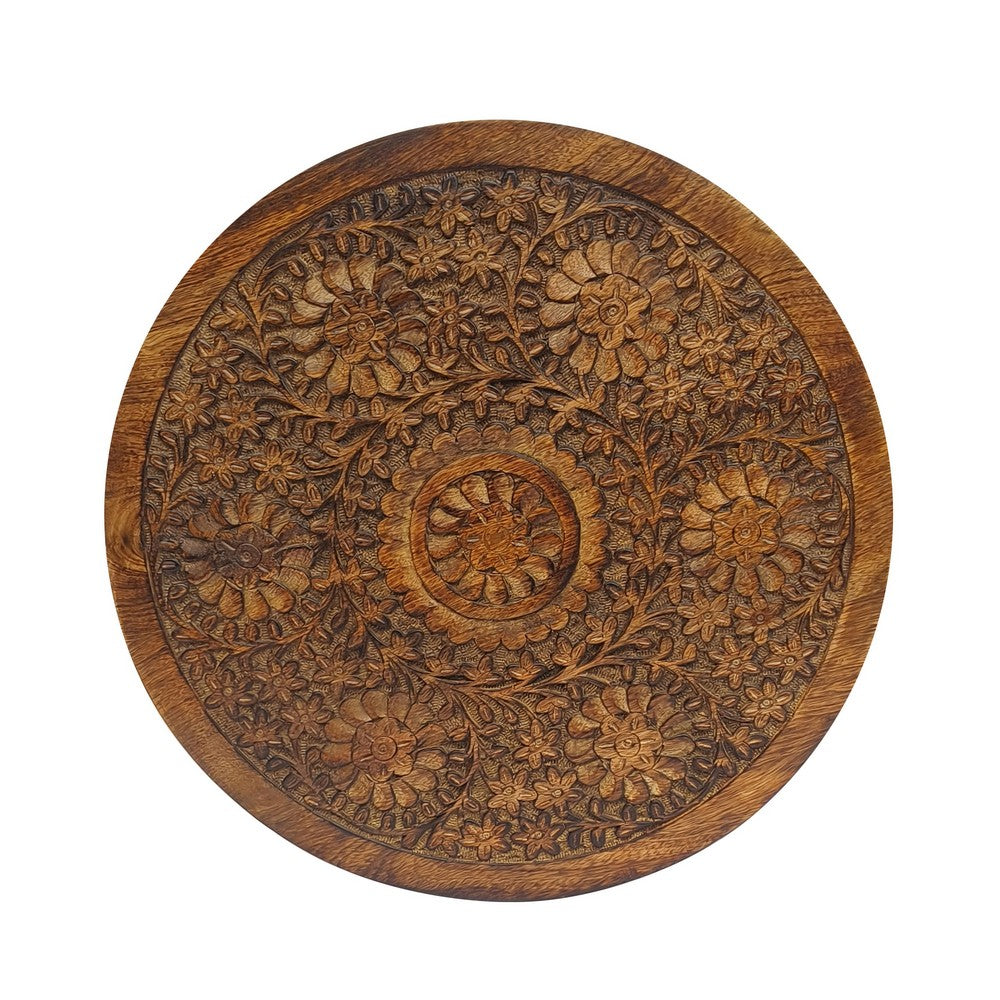 The Urban Port Ari 22 Inch Side End Table, Round Top, Hand Carved Indian Mandala Boho Accent, Brown Mango Wood