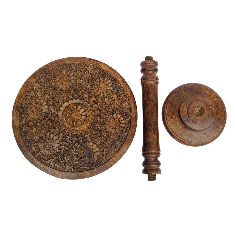 The Urban Port Ari 22 Inch Side End Table, Round Top, Hand Carved Indian Mandala Boho Accent, Brown Mango Wood