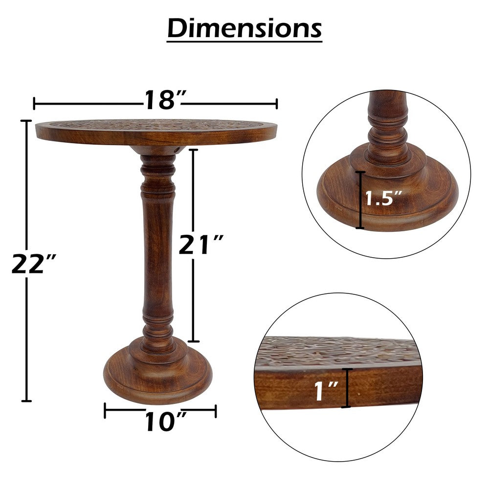 The Urban Port Ari 22 Inch Side End Table, Round Top, Hand Carved Indian Mandala Boho Accent, Brown Mango Wood