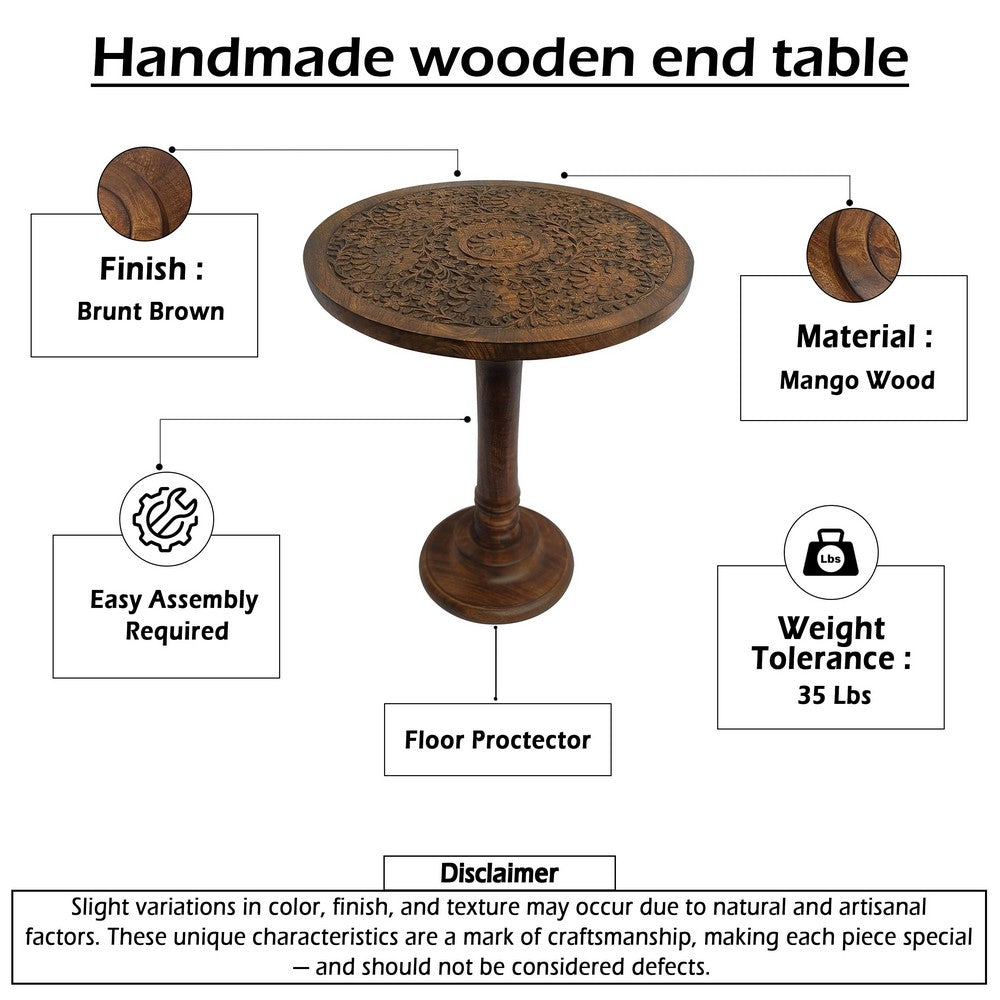 The Urban Port Ari 22 Inch Side End Table, Round Top, Hand Carved Indian Mandala Boho Accent, Brown Mango Wood