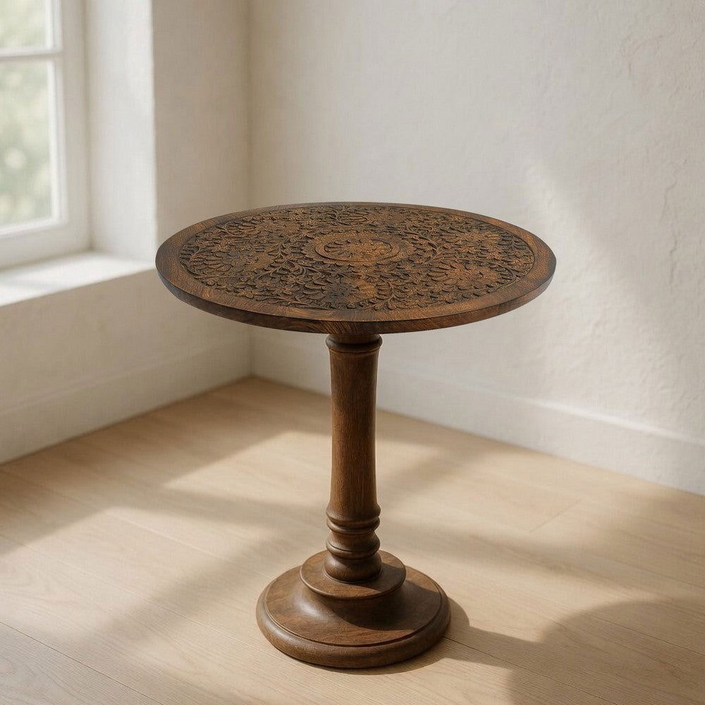 The Urban Port Ari 22 Inch Side End Table, Round Top, Hand Carved Indian Mandala Boho Accent, Brown Mango Wood