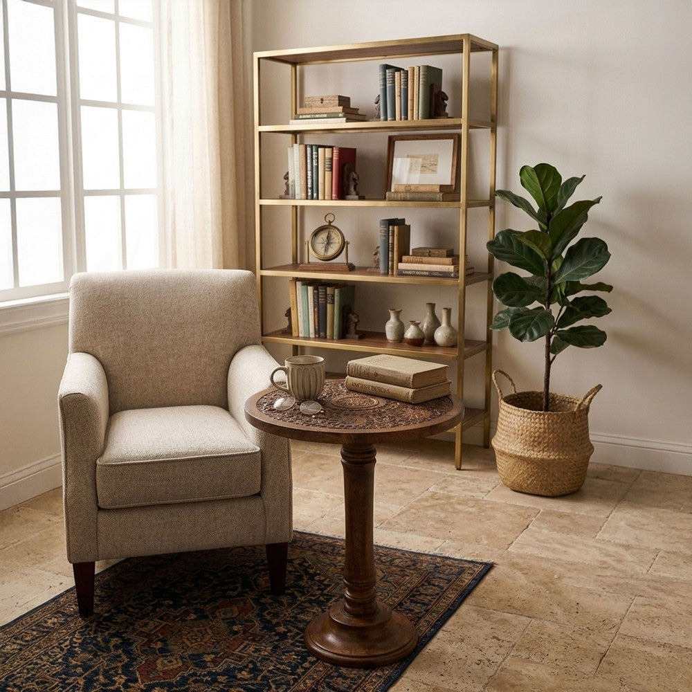 The Urban Port Ari 22 Inch Side End Table, Round Top, Hand Carved Indian Mandala Boho Accent, Brown Mango Wood